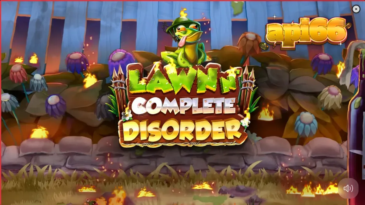 Tampilan visual slot Lawn N’ Complete Disorder dengan tema taman yang terbakar.